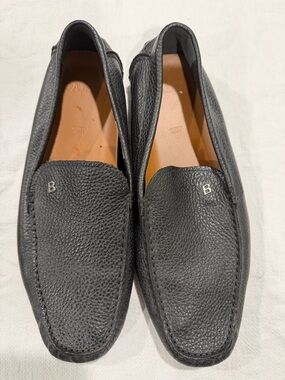 Bally Black Pebbled Leather Slip-On Loafers with 'B' Metal Accent